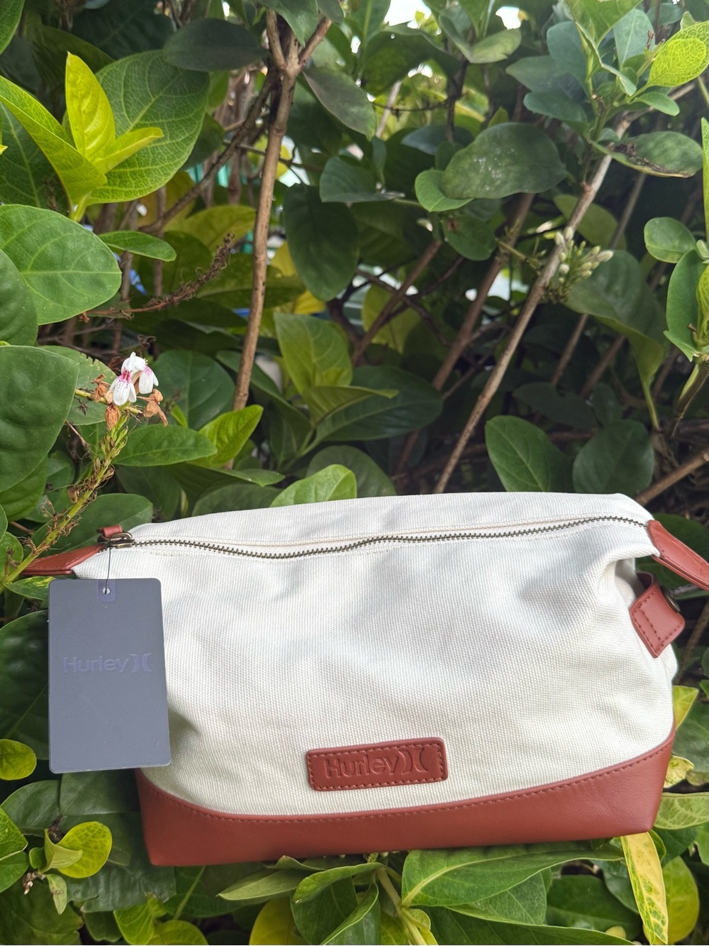 Hurley White Canvas and Brown Leather-Trim Toiletry Bag